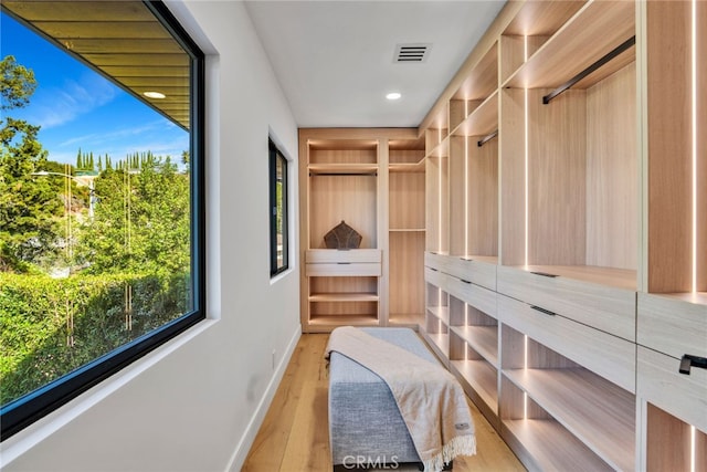 walk in closet with light wood-type flooring