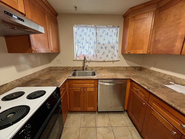 kitchen with ventilation hood, sink, black electric range oven, stainless steel dishwasher, and light tile patterned floors