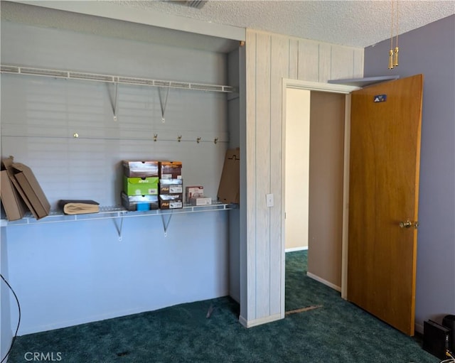 clothes washing area with dark carpet and a textured ceiling