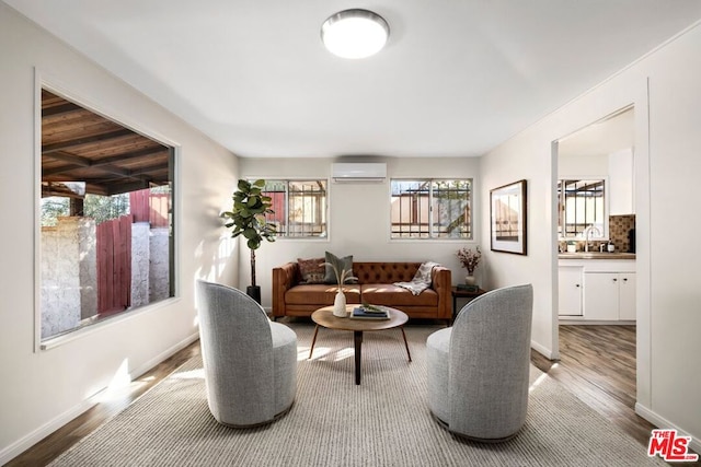 living room with a wall mounted AC, light hardwood / wood-style floors, and sink