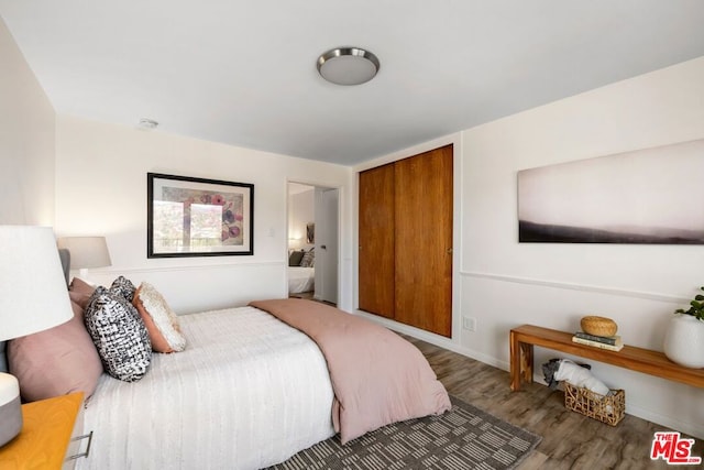 bedroom with wood-type flooring and a closet