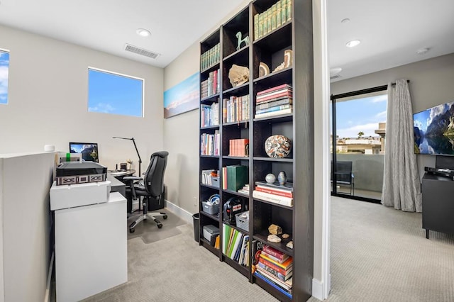 carpeted home office with a healthy amount of sunlight