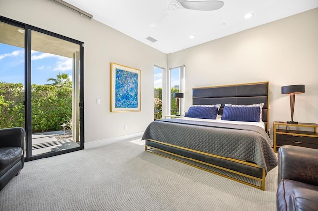 bedroom featuring carpet, ceiling fan, and access to exterior