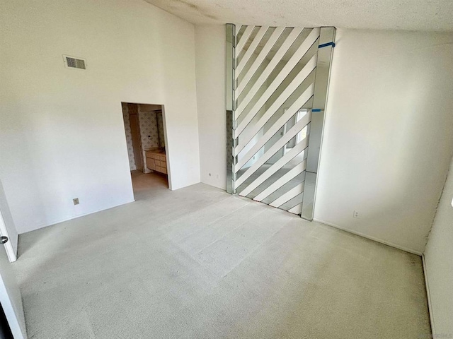 empty room with light colored carpet and a textured ceiling