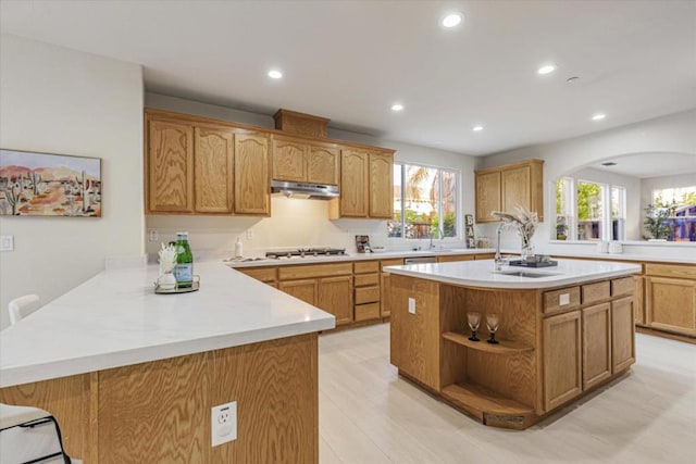 kitchen with sink, light hardwood / wood-style flooring, kitchen peninsula, an island with sink, and stainless steel gas stovetop