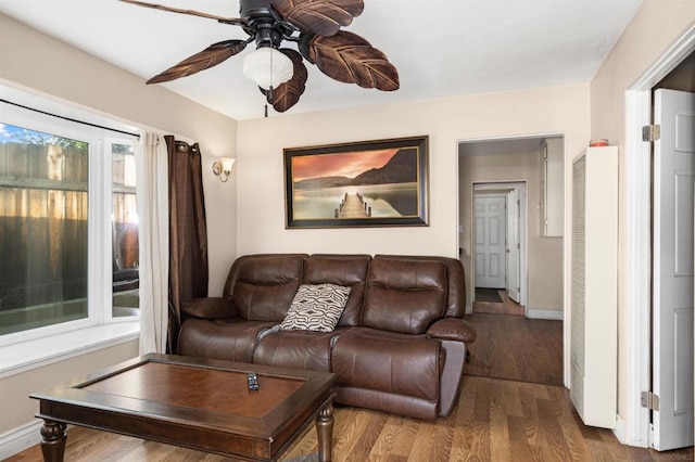 living room with hardwood / wood-style floors and ceiling fan