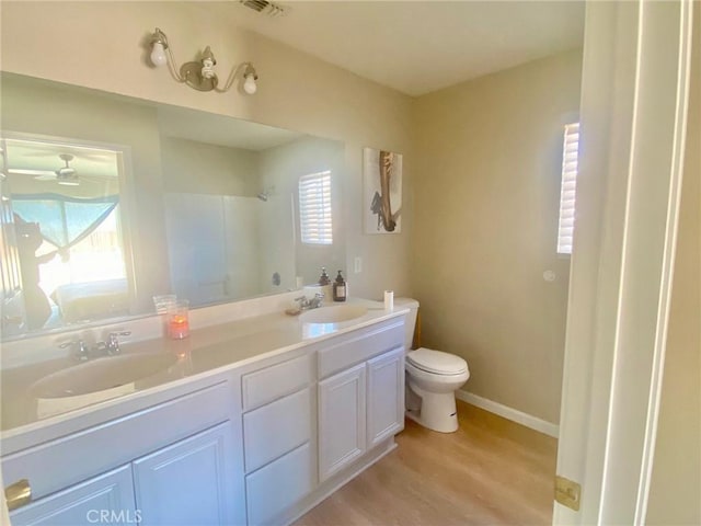 bathroom featuring a shower, vanity, a healthy amount of sunlight, and wood-type flooring