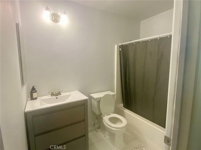 full bathroom featuring tile patterned floors, vanity, toilet, and shower / tub combo with curtain