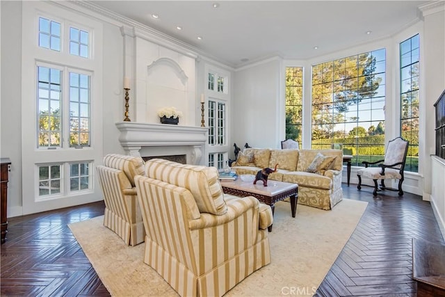 living area with a fireplace, dark parquet flooring, ornamental molding, and a high ceiling