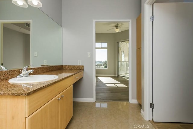 bathroom featuring ceiling fan, tile patterned floors, and vanity