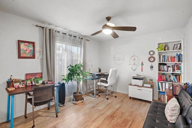 office space with light hardwood / wood-style floors and ceiling fan