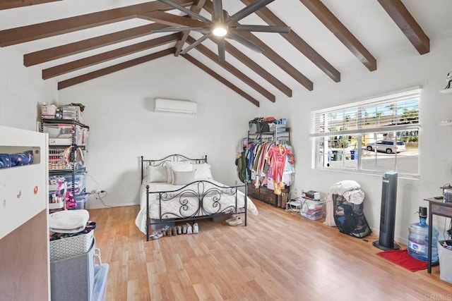 bedroom featuring a wall mounted AC, beamed ceiling, wood-type flooring, and high vaulted ceiling