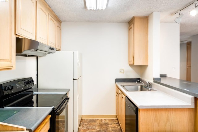 kitchen featuring track lighting, black appliances, sink, a textured ceiling, and light brown cabinetry