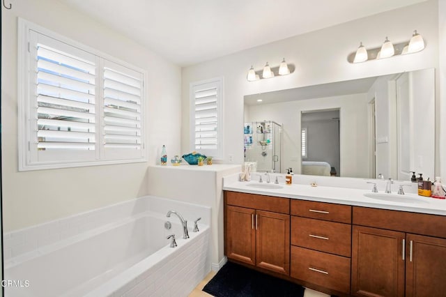 bathroom with vanity, a wealth of natural light, and independent shower and bath