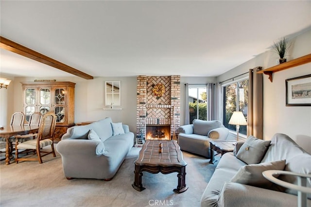 carpeted living room featuring a brick fireplace