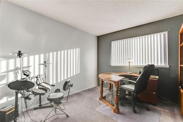 carpeted office with a textured ceiling