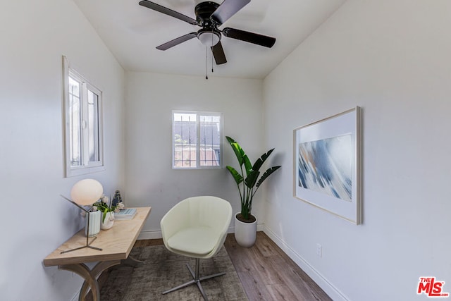 sitting room with ceiling fan and wood-type flooring