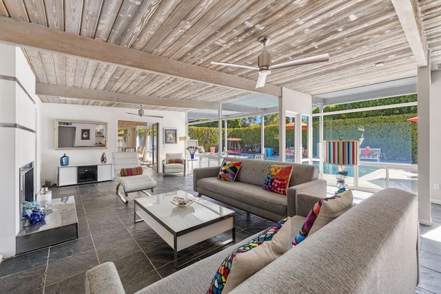 sunroom / solarium featuring beam ceiling, ceiling fan, and wood ceiling