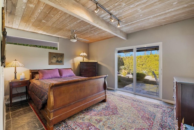 bedroom featuring access to exterior, rail lighting, wood ceiling, ceiling fan, and beamed ceiling