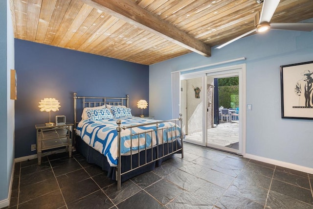 bedroom featuring vaulted ceiling with beams, wood ceiling, and access to outside