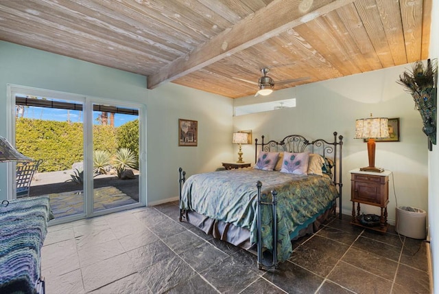 bedroom featuring access to exterior, beamed ceiling, ceiling fan, and wooden ceiling