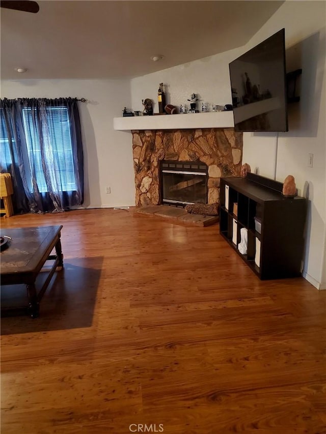 living room with a fireplace and wood-type flooring