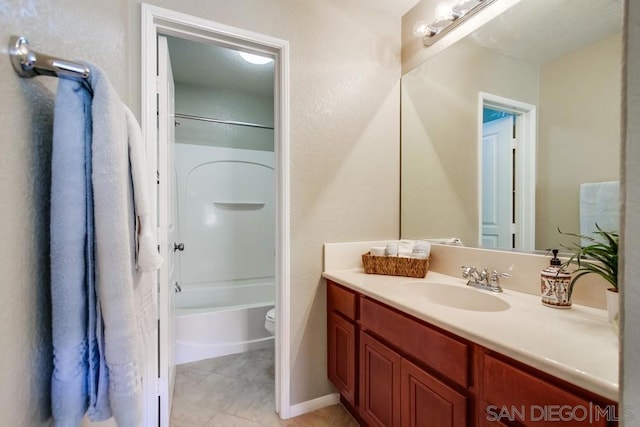 full bathroom featuring bathing tub / shower combination, tile patterned flooring, vanity, and toilet