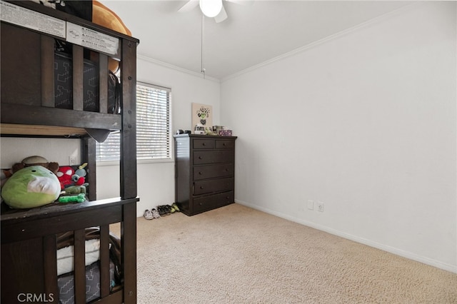 bedroom with light colored carpet, ceiling fan, and ornamental molding