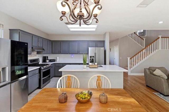 kitchen featuring appliances with stainless steel finishes, light wood-type flooring, pendant lighting, an inviting chandelier, and a kitchen island