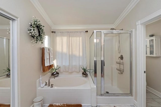 bathroom featuring shower with separate bathtub and ornamental molding