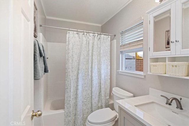 full bathroom with vanity, toilet, shower / bath combo with shower curtain, and ornamental molding