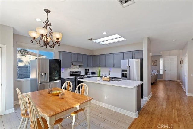 kitchen with an inviting chandelier, light hardwood / wood-style flooring, an island with sink, decorative light fixtures, and appliances with stainless steel finishes