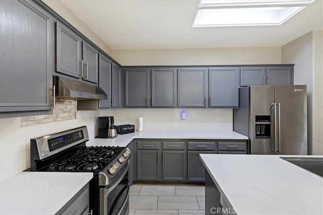 kitchen featuring appliances with stainless steel finishes, a skylight, and gray cabinetry