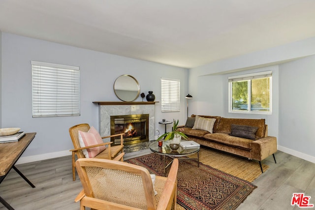 living room featuring a premium fireplace, light hardwood / wood-style flooring, and plenty of natural light