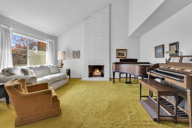 living room featuring a brick fireplace, carpet floors, a textured ceiling, and high vaulted ceiling