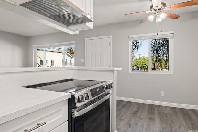 kitchen with light hardwood / wood-style floors, white cabinetry, a healthy amount of sunlight, and stainless steel electric range