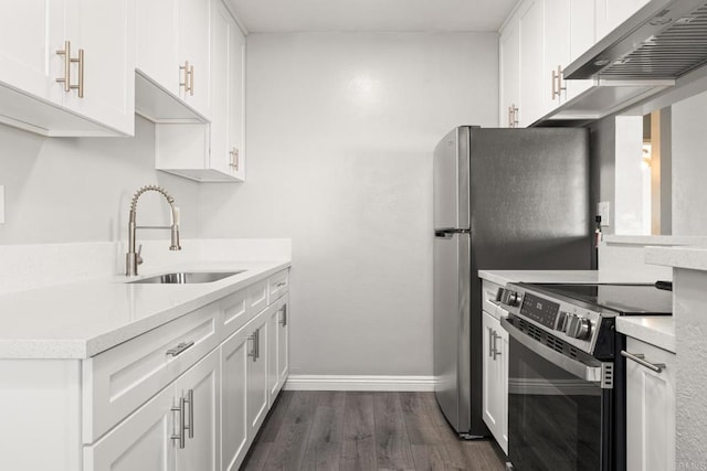 kitchen featuring white cabinetry, stainless steel electric range oven, sink, dark hardwood / wood-style flooring, and exhaust hood