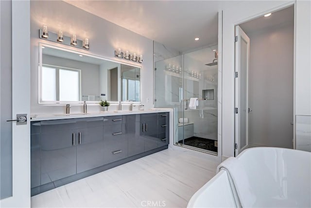 bathroom featuring tile patterned flooring, vanity, and plus walk in shower