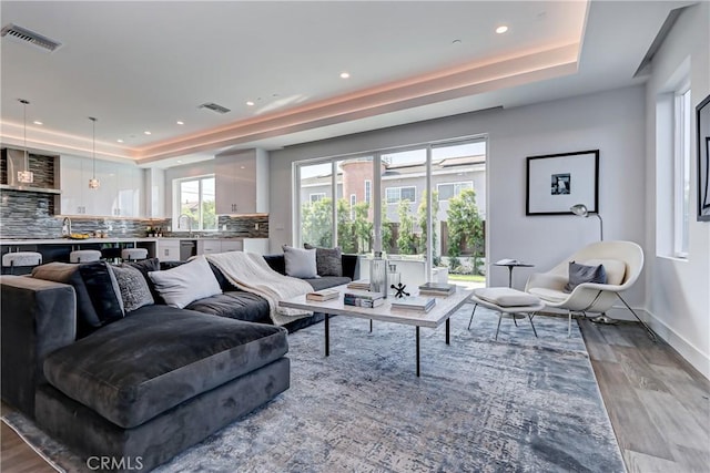 living room with a raised ceiling and hardwood / wood-style flooring