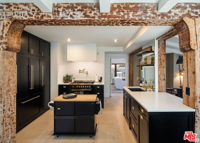 kitchen featuring black range with gas cooktop, built in refrigerator, a kitchen island with sink, and sink