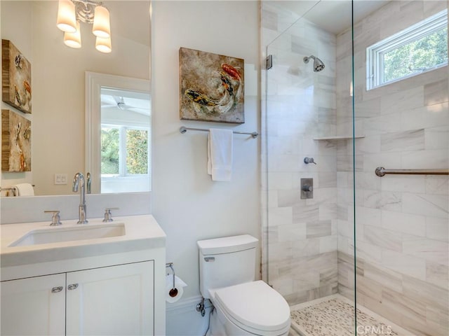 bathroom with vanity, toilet, an enclosed shower, and a healthy amount of sunlight