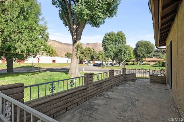 view of patio featuring a mountain view