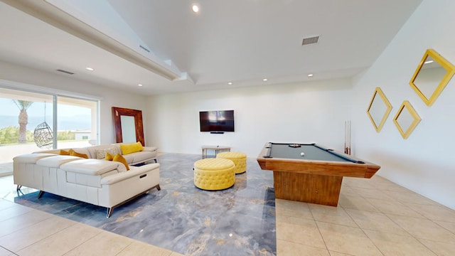 rec room featuring light tile patterned floors and billiards