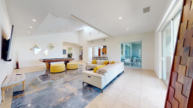 living room featuring vaulted ceiling and pool table