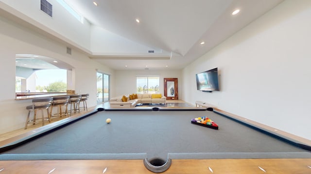 game room featuring lofted ceiling and pool table