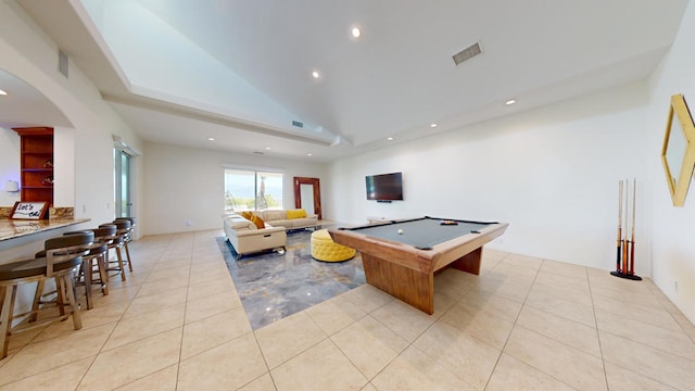 game room featuring light tile patterned flooring, high vaulted ceiling, and pool table