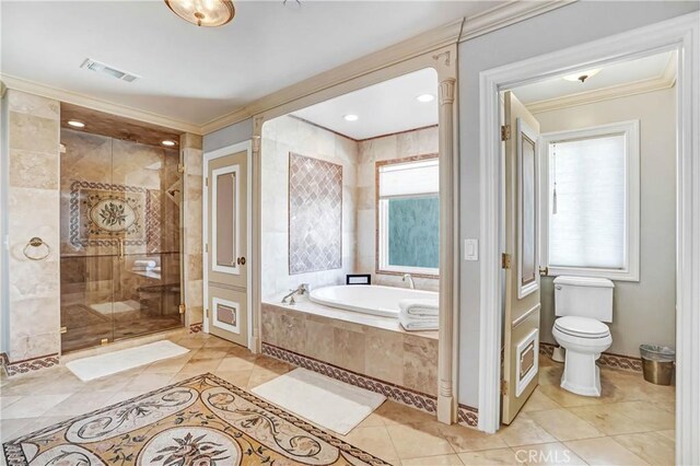 bathroom with separate shower and tub, crown molding, tile patterned floors, and toilet