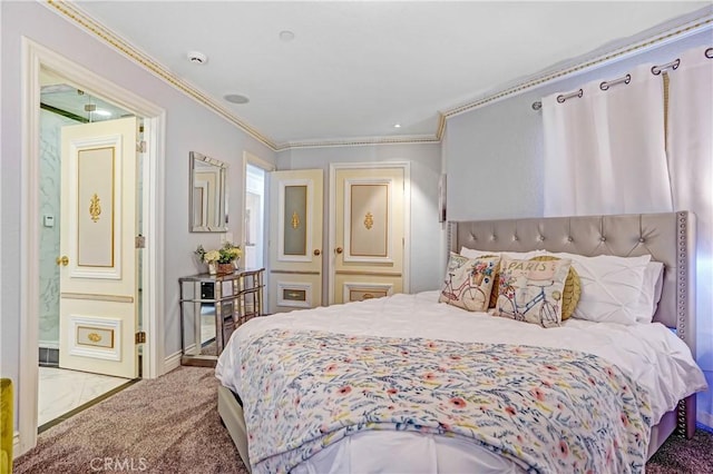 bedroom featuring carpet floors and crown molding