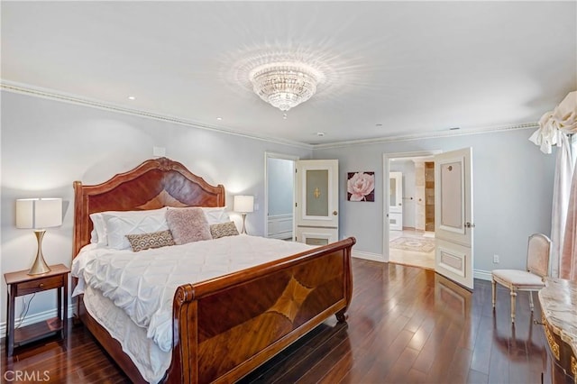 bedroom featuring a chandelier, dark hardwood / wood-style flooring, and crown molding