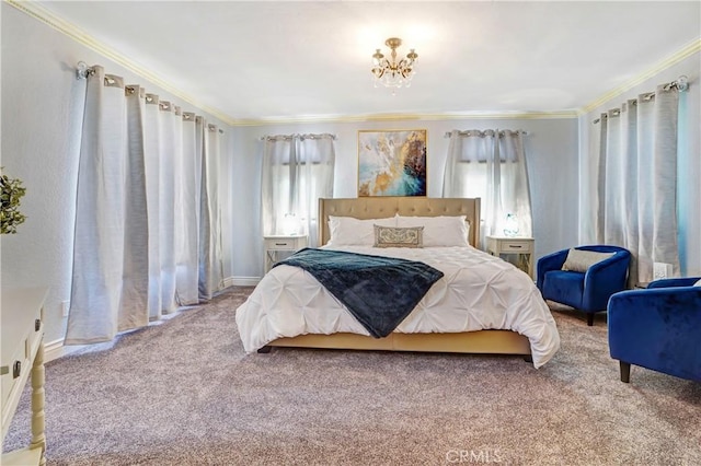 carpeted bedroom featuring a chandelier and ornamental molding